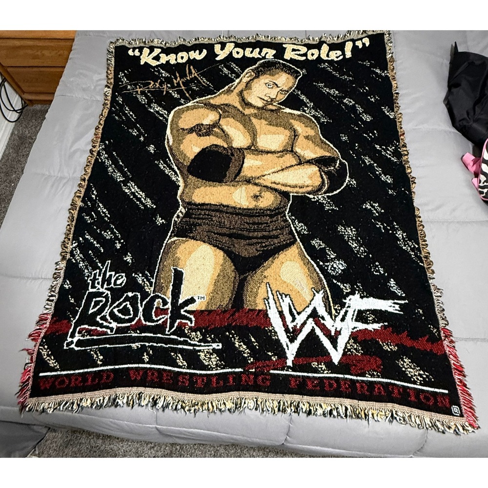 Vtg WWF The Rock Woven Tapestry Throw Blanket Dwayne Johnson Know Your Role